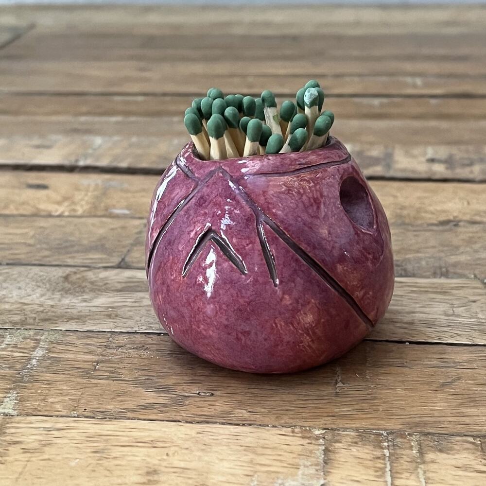 Art Studio Pottery Pot 2.5" Pink Red Ceramic Incised Lines Bulbous Body
